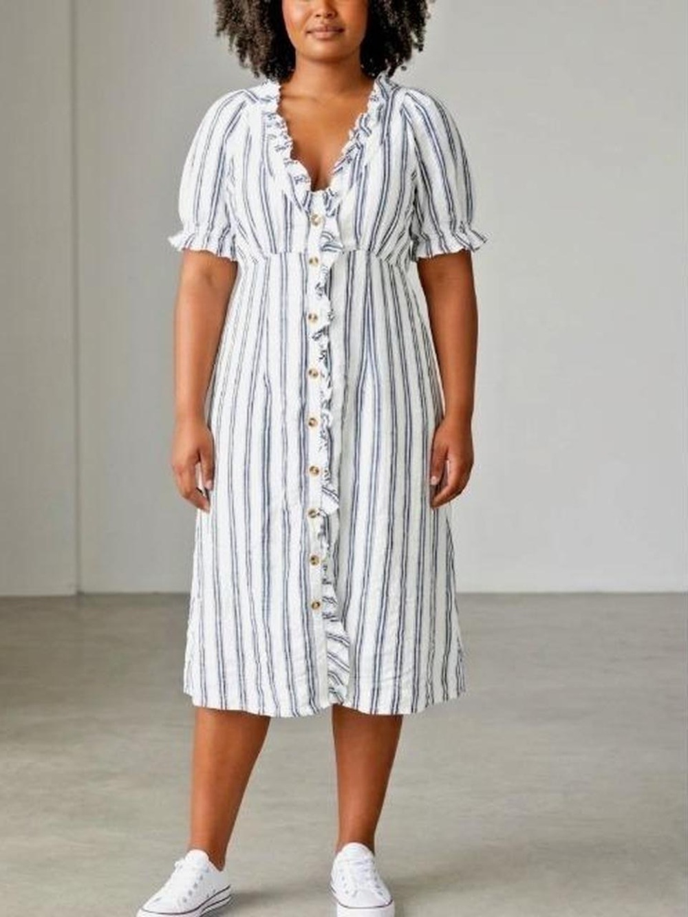 Anthropologie Pilcro Ruffle-Collar Button down Dress 18W White Blue Striped
